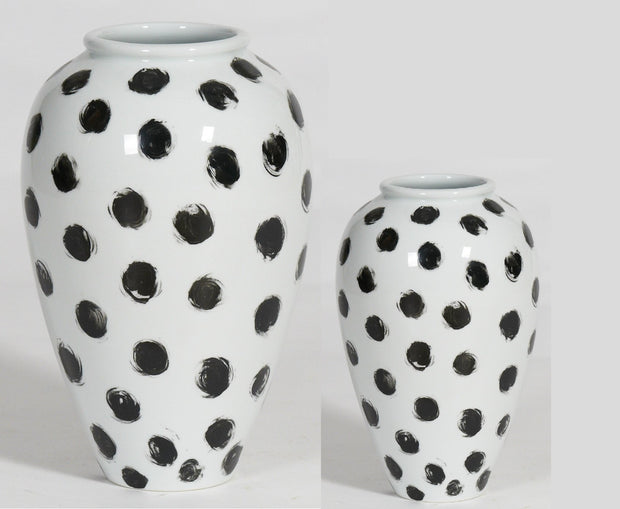  White Stoneware Vases with Textured Black Polka Dots